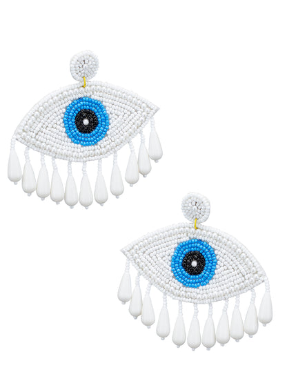 Evil Eye White, Blue & Back Beaded Drop Quirky Earrings