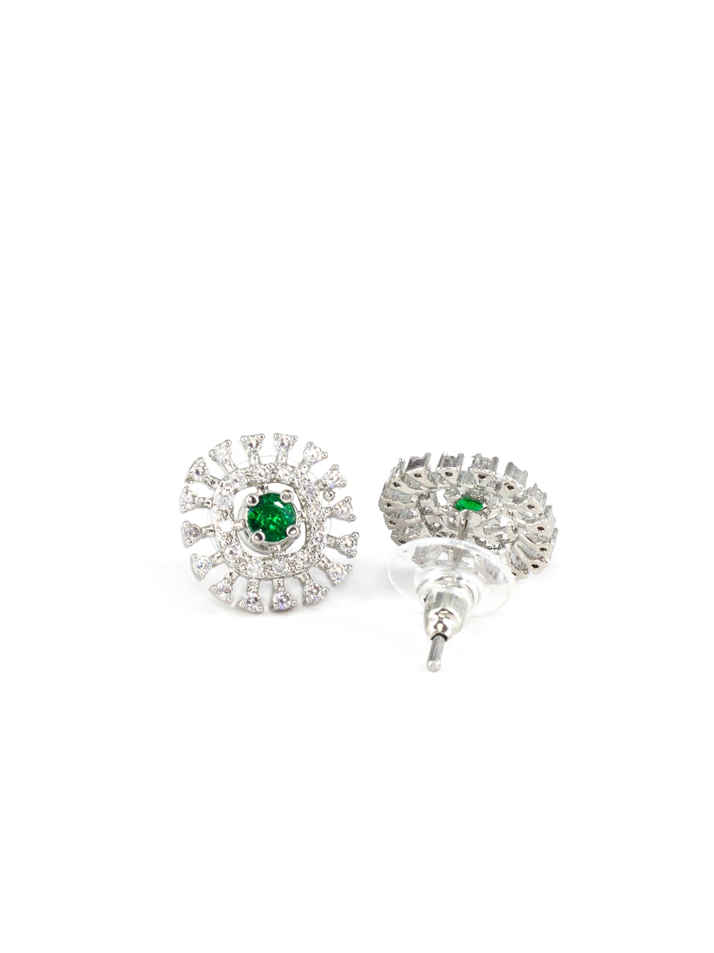 Silver Plated Green & White AD Studs For Women