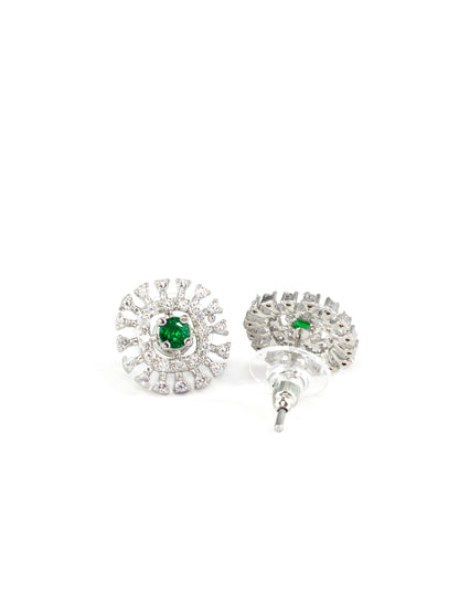 Silver Plated Green & White AD Studs For Women