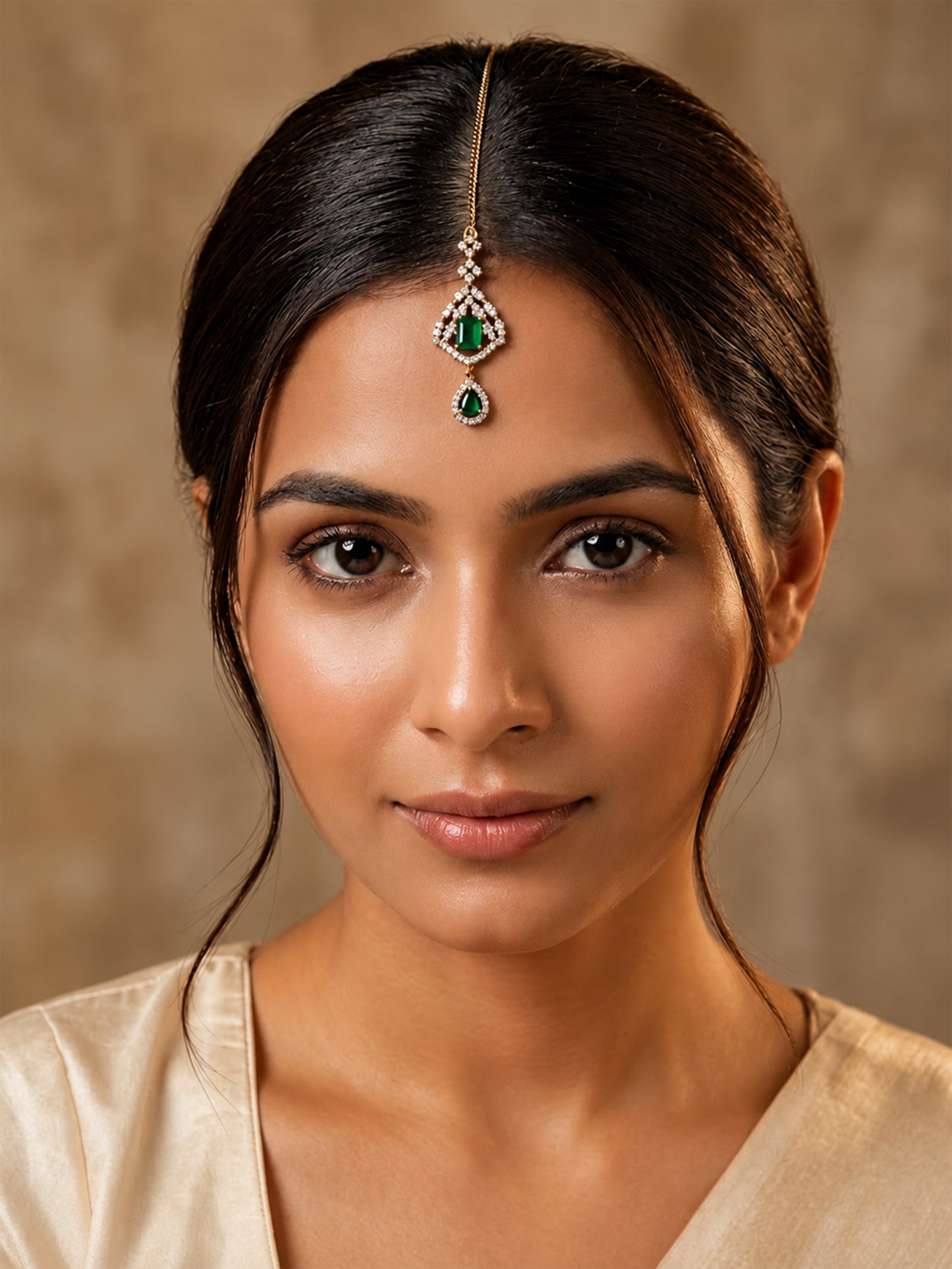 Antique Gold Plated Green AD Maang Tikka for Women