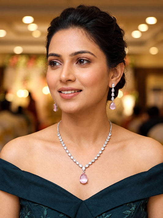 Pink Teardrop AD Jewellery Set