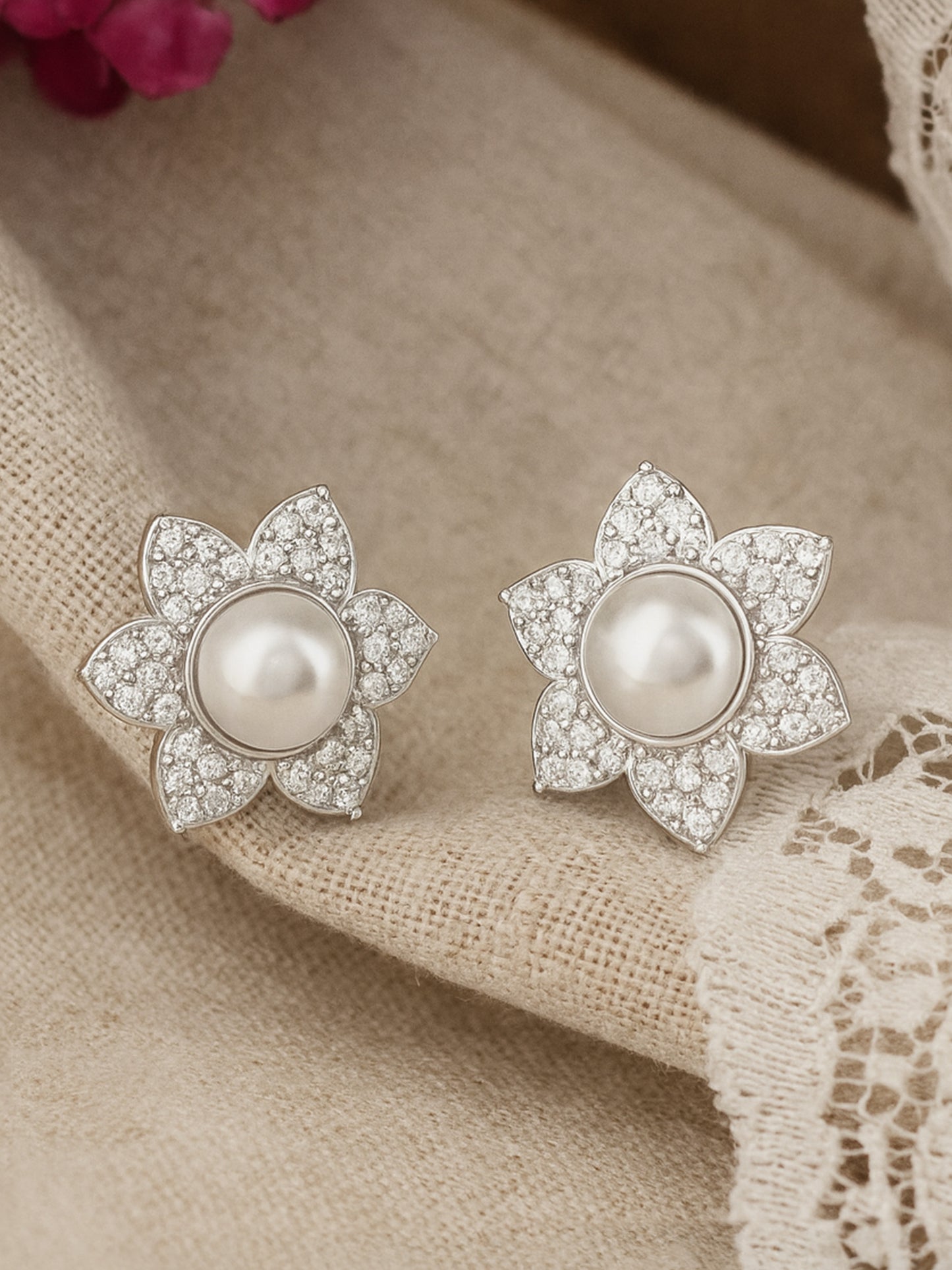 Rhodium Plated AD Floral Stud Earrings for Women