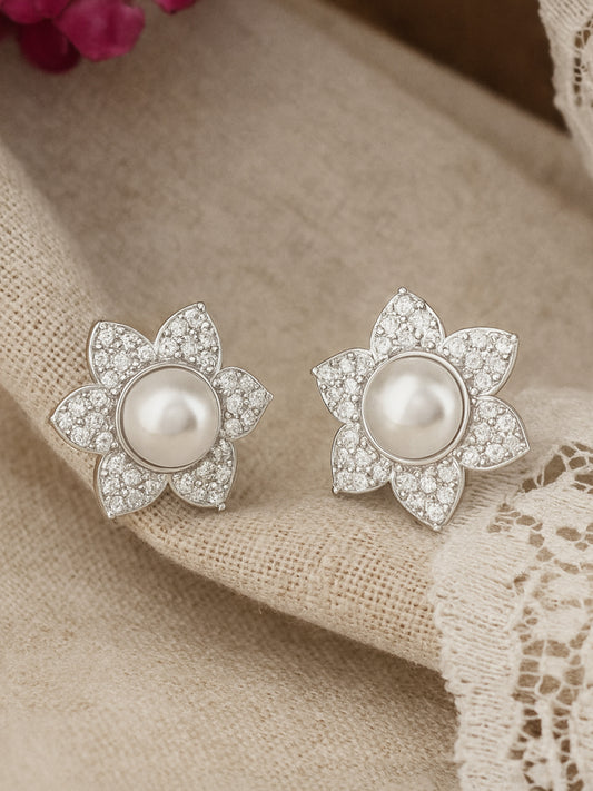 Rhodium Plated AD Floral Stud Earrings for Women