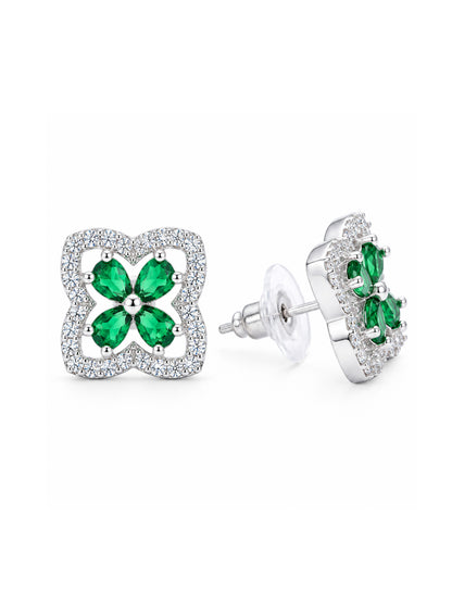 Rhodium Plated Green AD Stud Earrings for Women