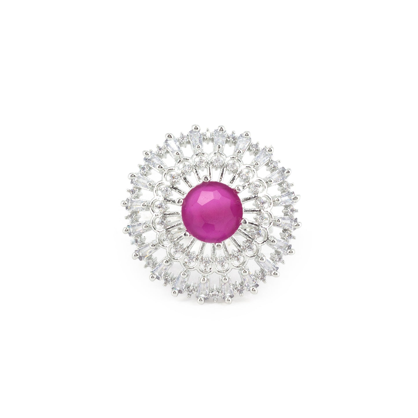 Rhodium Plated Pink AD Designer Adjustable Ring for Women