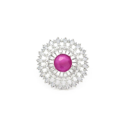 Rhodium Plated Pink AD Designer Adjustable Ring for Women