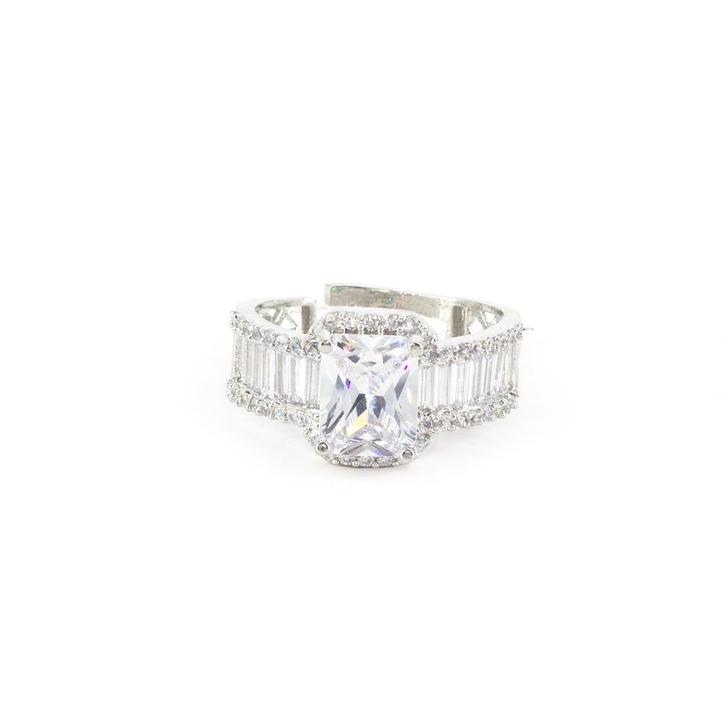 Silver Plated White American Diamond Adjustable Ring for Women