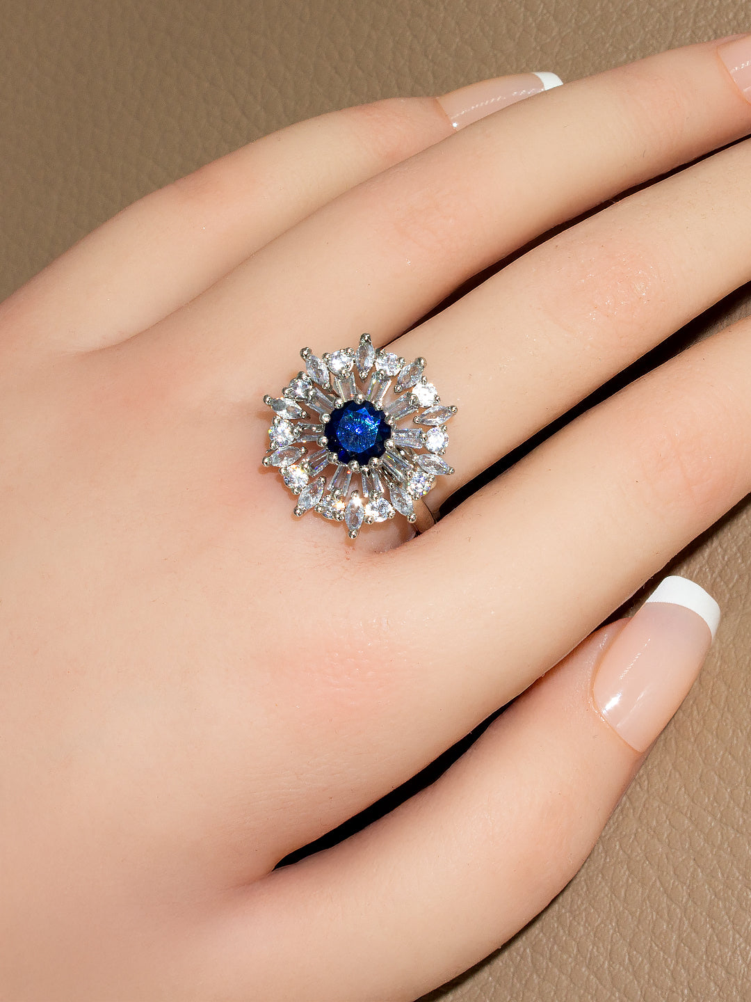 Silver-Plated American-Diamond Studded Floral Design Adjustable Finger Ring
