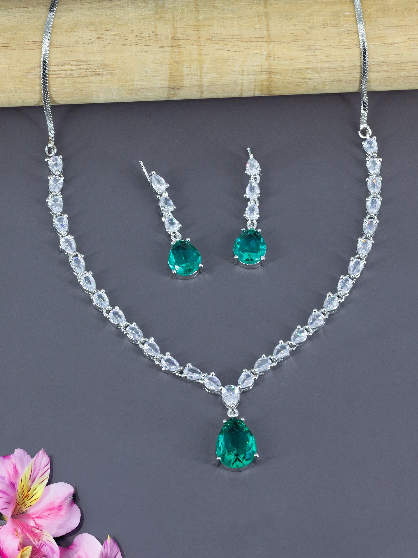 Silver Plated Green & White AD Jewellery Set