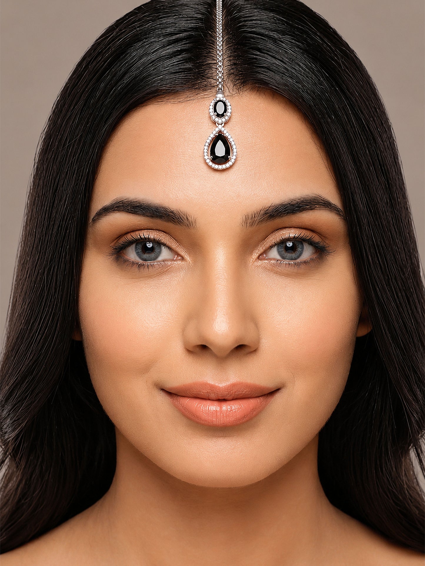 Silver Plated Black AD Maang Tikka for Women
