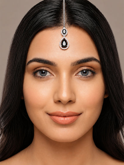 Silver Plated Black AD Maang Tikka for Women