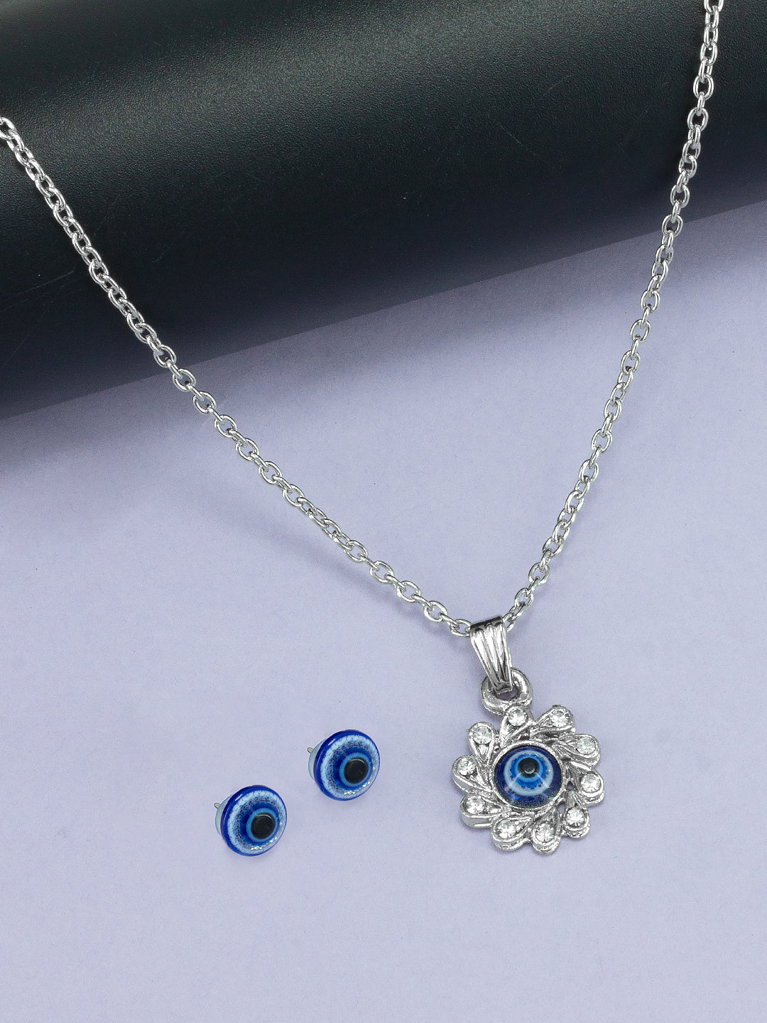 Silver Plated Evil Eye Shaped Pendant & Studs Set