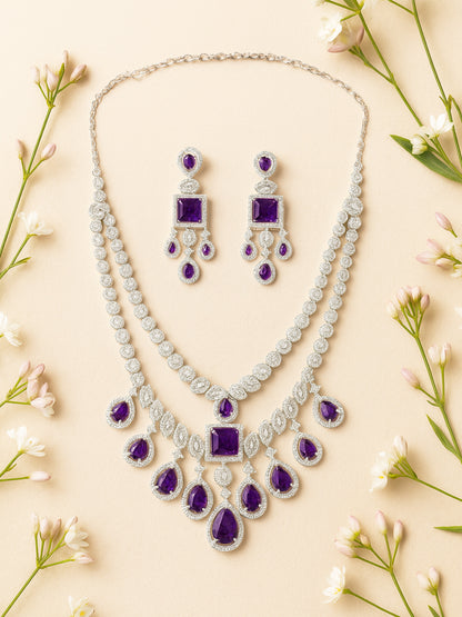 American Diamond Purple 2 Layer Designer Jewellery Set For Women And Girls