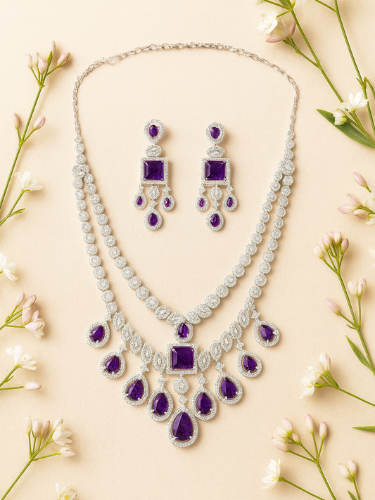 American Diamond Purple 2 Layer Designer Jewellery Set For Women And Girls