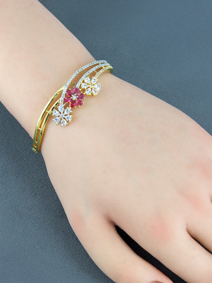 Gold Plated Ruby Floral Cuff Bracelet For Women