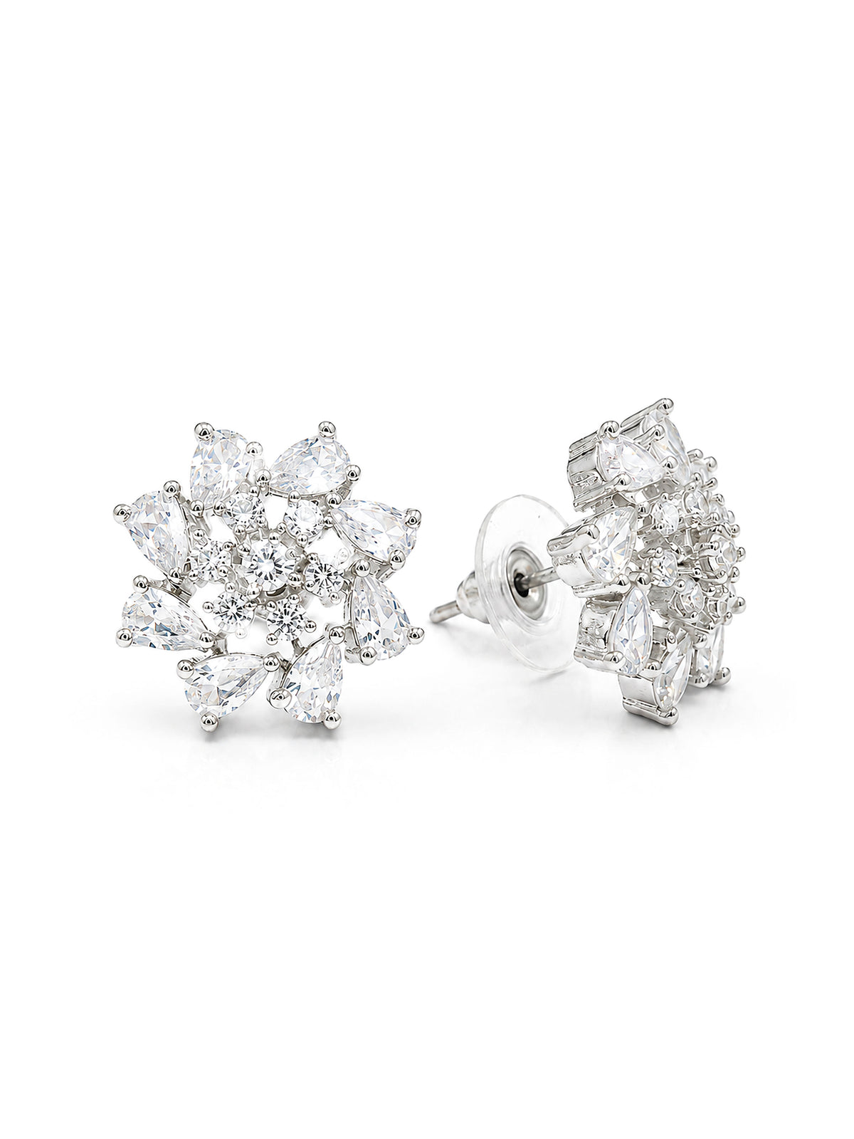 Rhodium Plated AD Floral Stud Earrings for Women