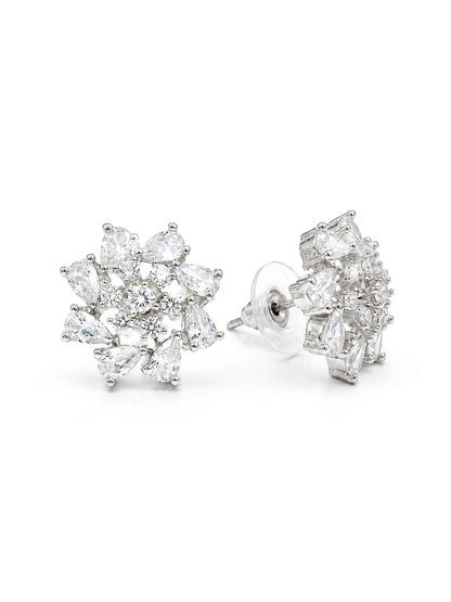 Rhodium Plated AD Floral Stud Earrings for Women