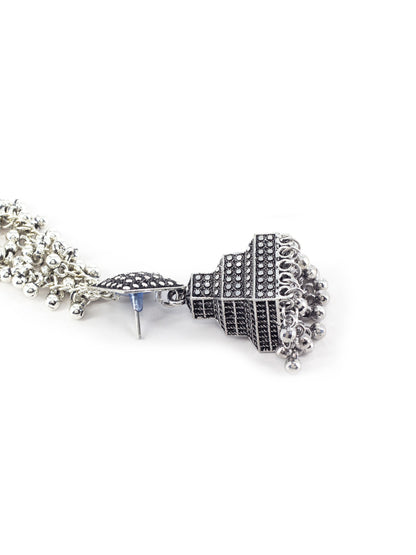Silver Oxidised Jhumka Earring with Double Layer Ear Chain