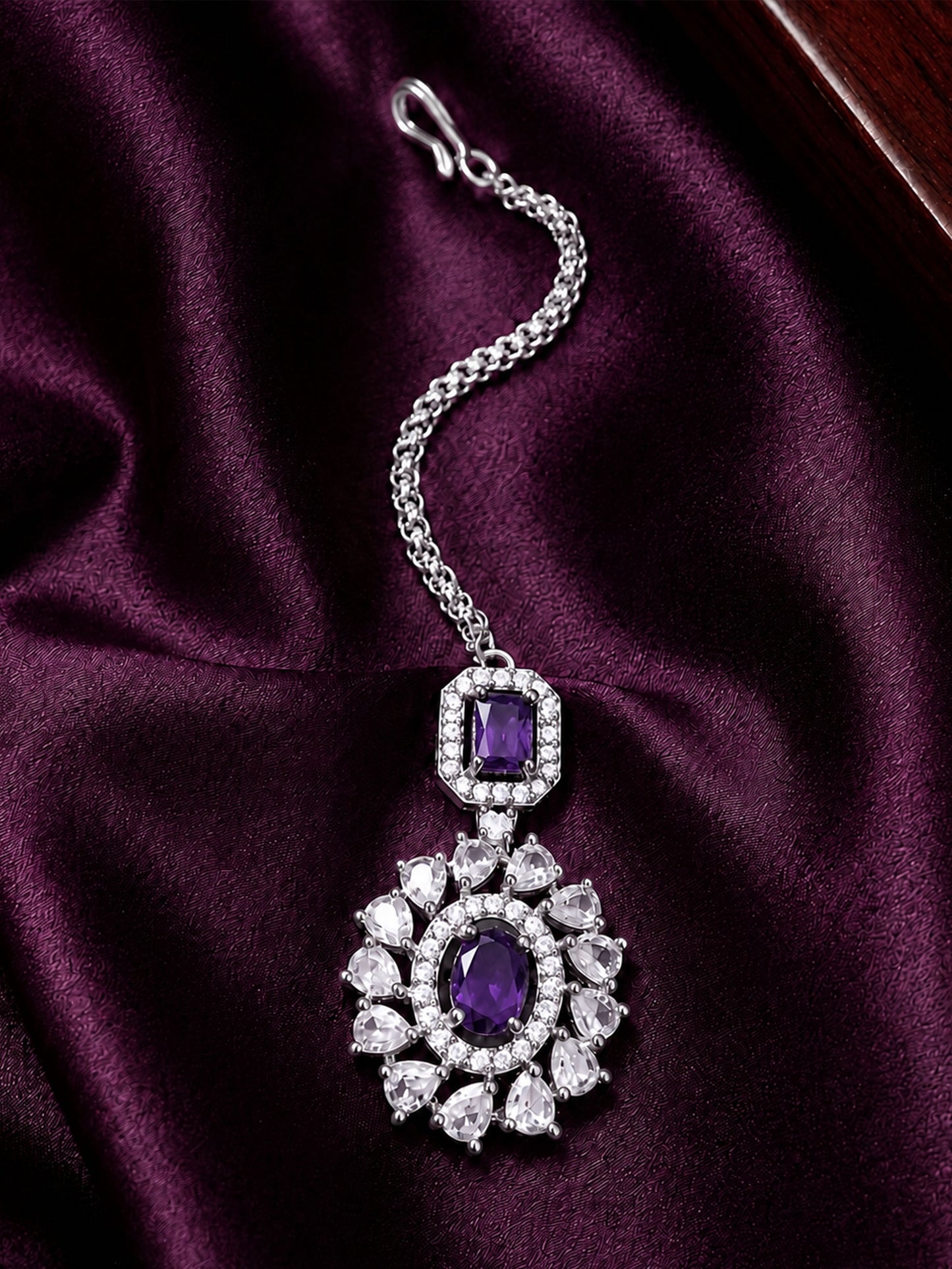 Silver Plated Purple AD Maang Tikka for Women
