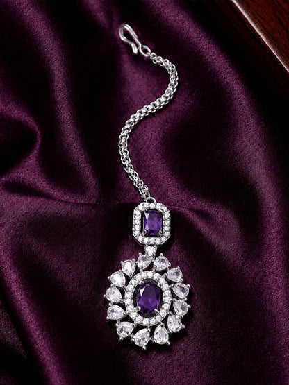 Silver Plated Purple AD Maang Tikka for Women
