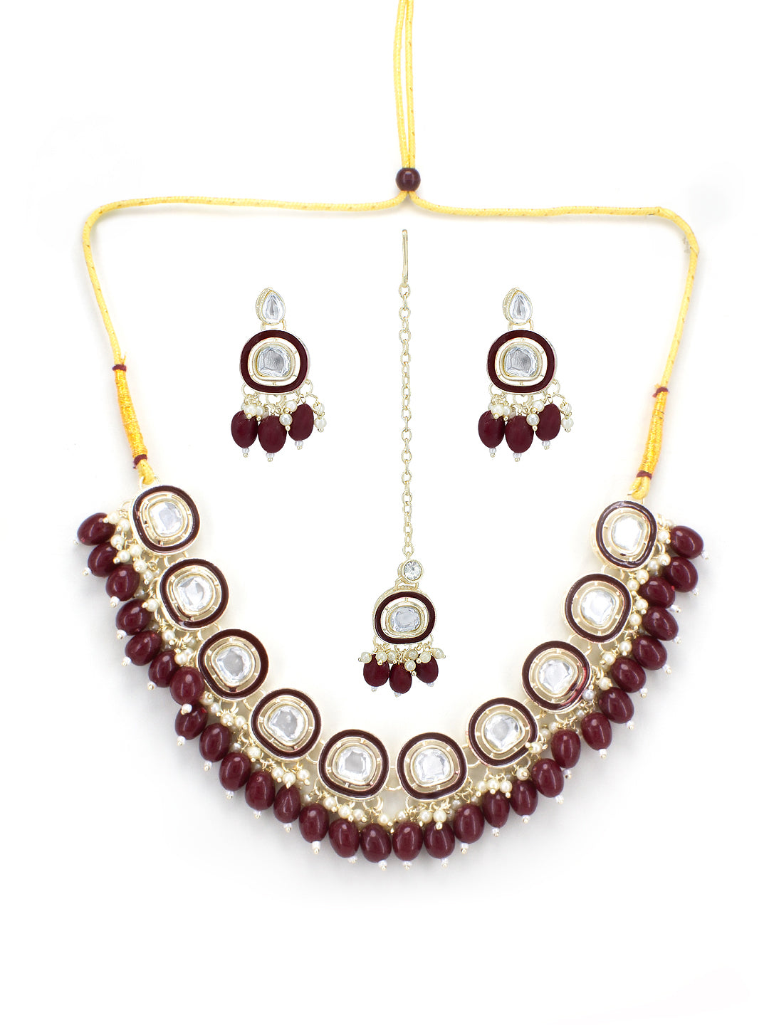 Gold-Plated Red Kundan-Studded & Beaded Jewellery Set