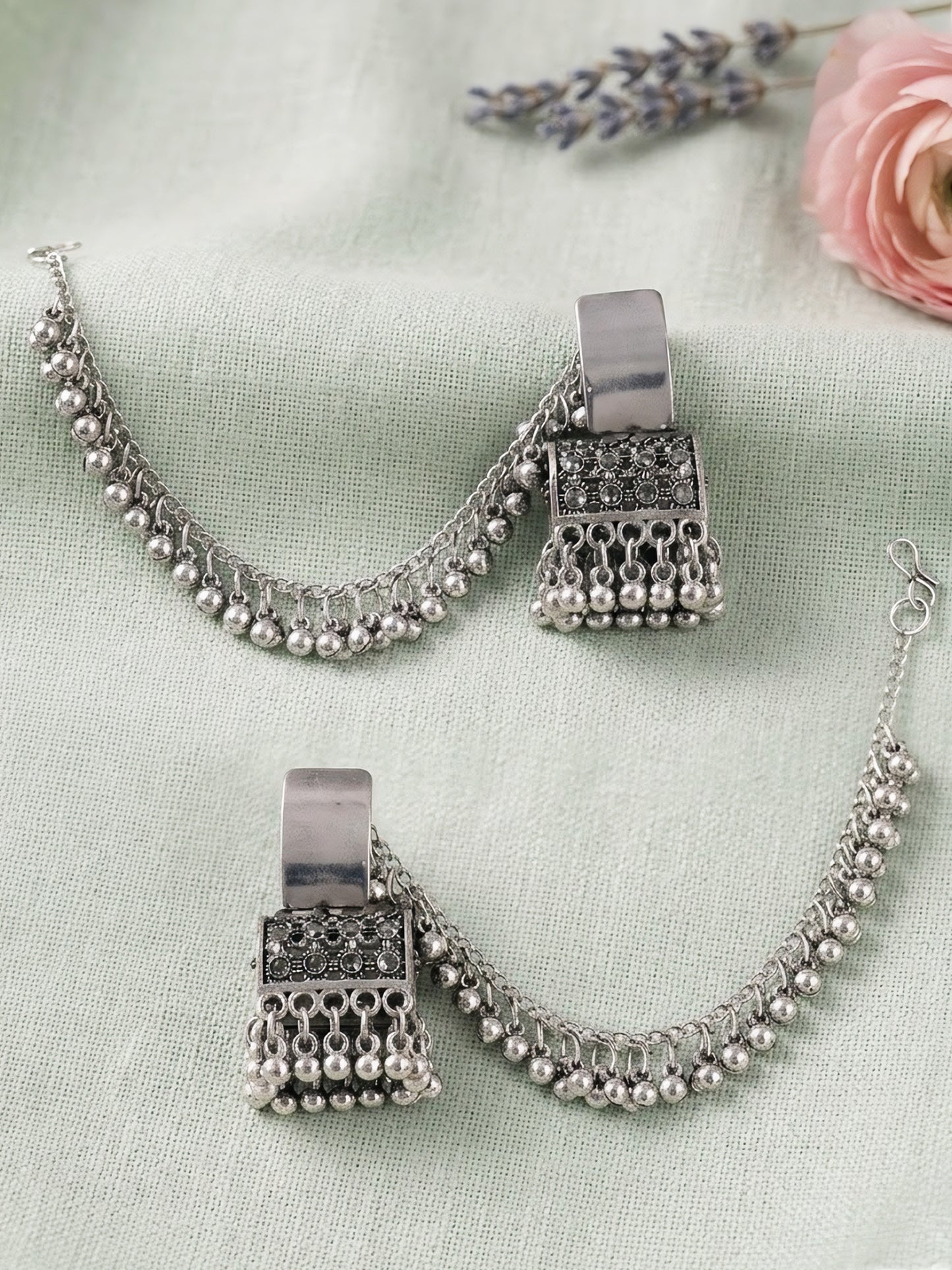 Silver Oxidised Jhumka Earring with Chain for Women