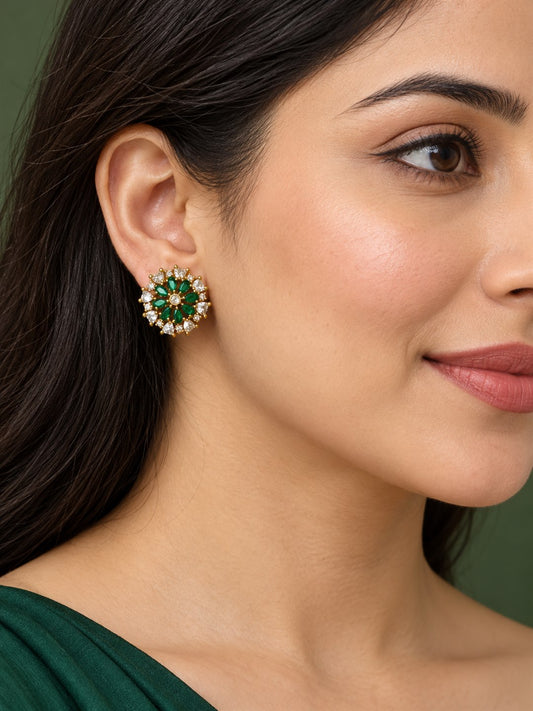 South Indian Gold Plated Green AD Floral Stud Earrings for Women