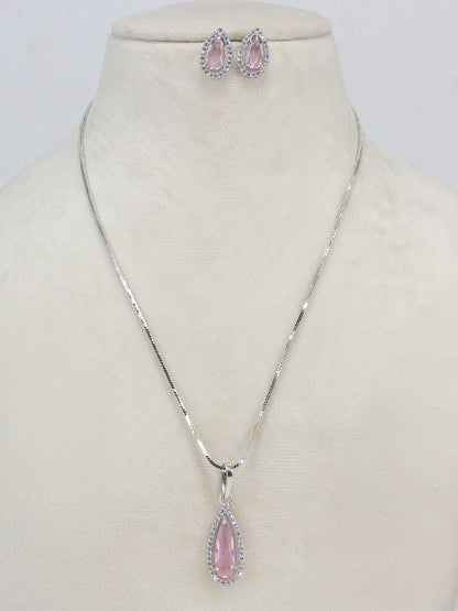 Rhodium Plated Pink Tear Drop American Diamond Pendant Set