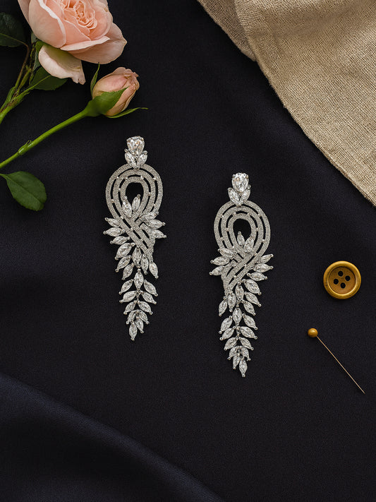 Silver Plated Long Cocktail AD Earrings For Women