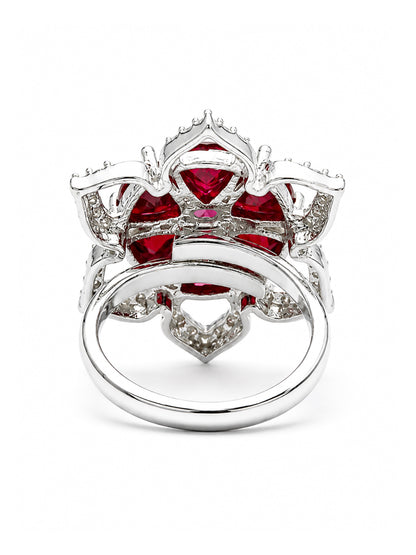 Rhodium Plated Red AD Floral Finger Ring for Women