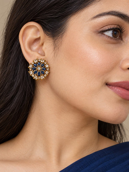 South Indian Gold Plated Blue AD Floral Stud Earrings for Women
