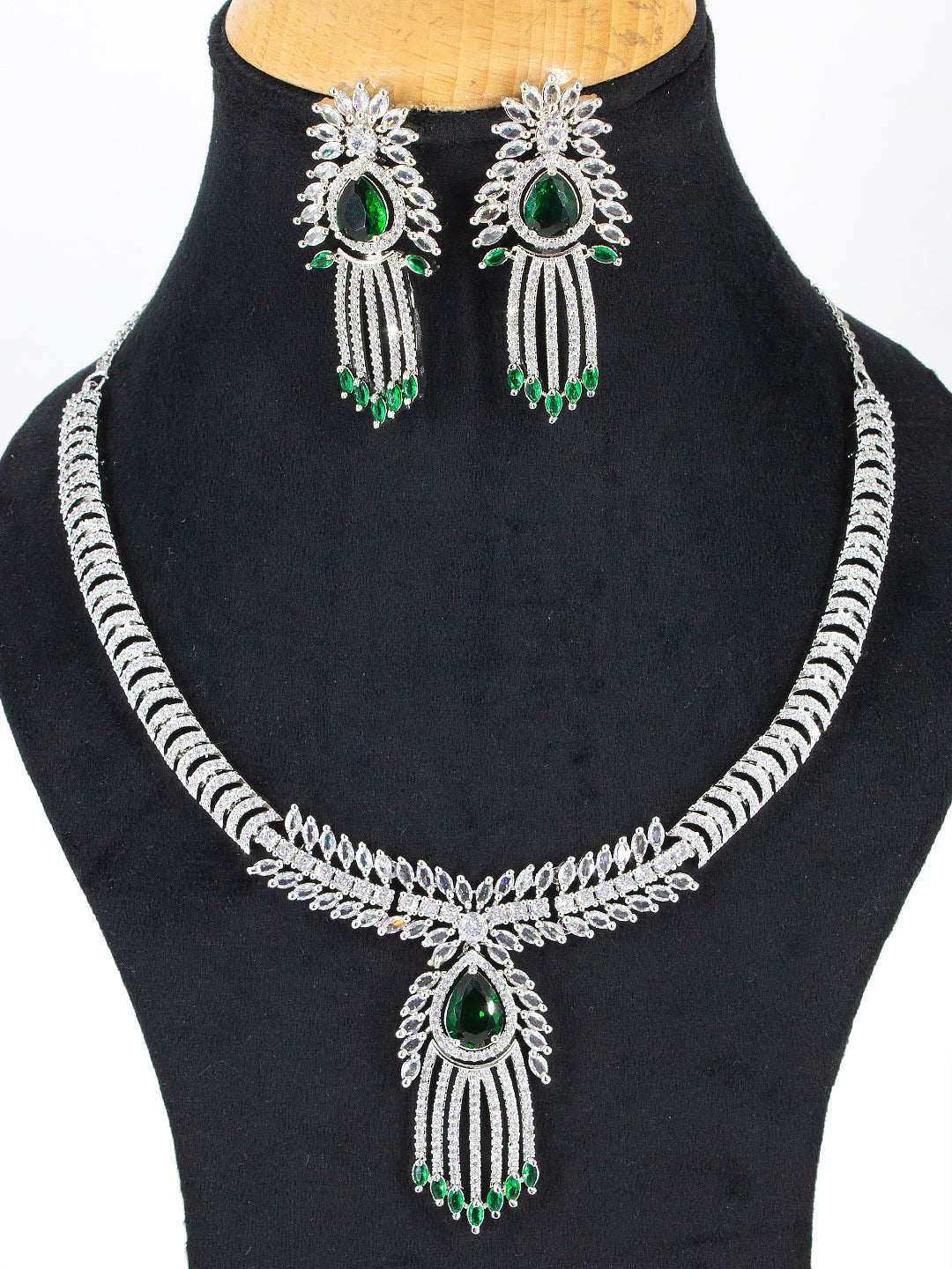 American Diamond Studded Green Jewellery Set For Women And Girls