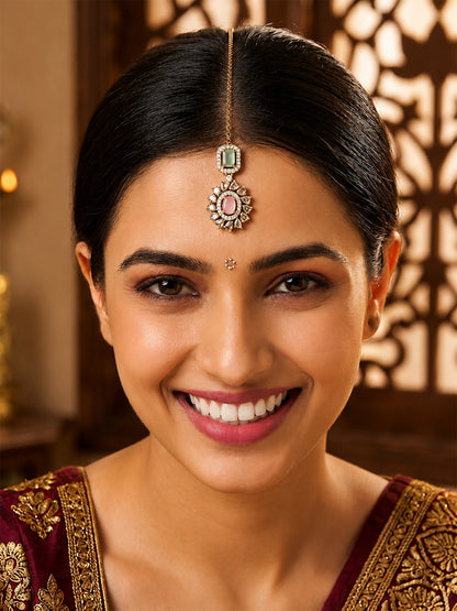 Antique Gold Plated Pink AD Maang Tikka for Women