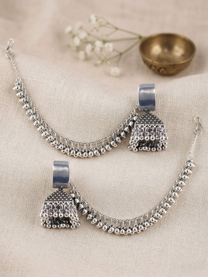 Silver Oxidised Jhumka Earring with Chain for Women