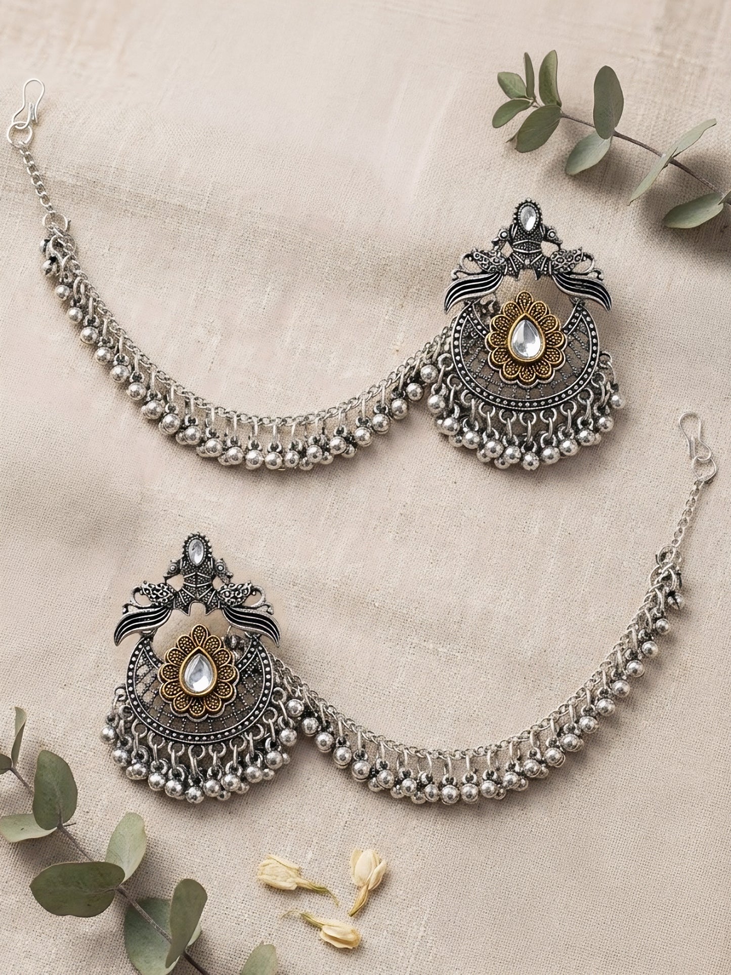 Silver Oxidised Jhumka Earring with Chain for Women