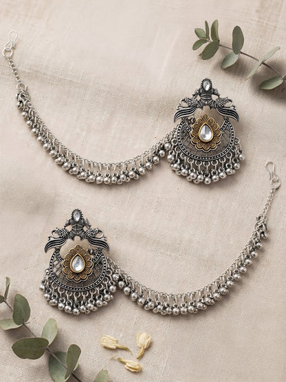 Silver Oxidised Jhumka Earring with Chain for Women