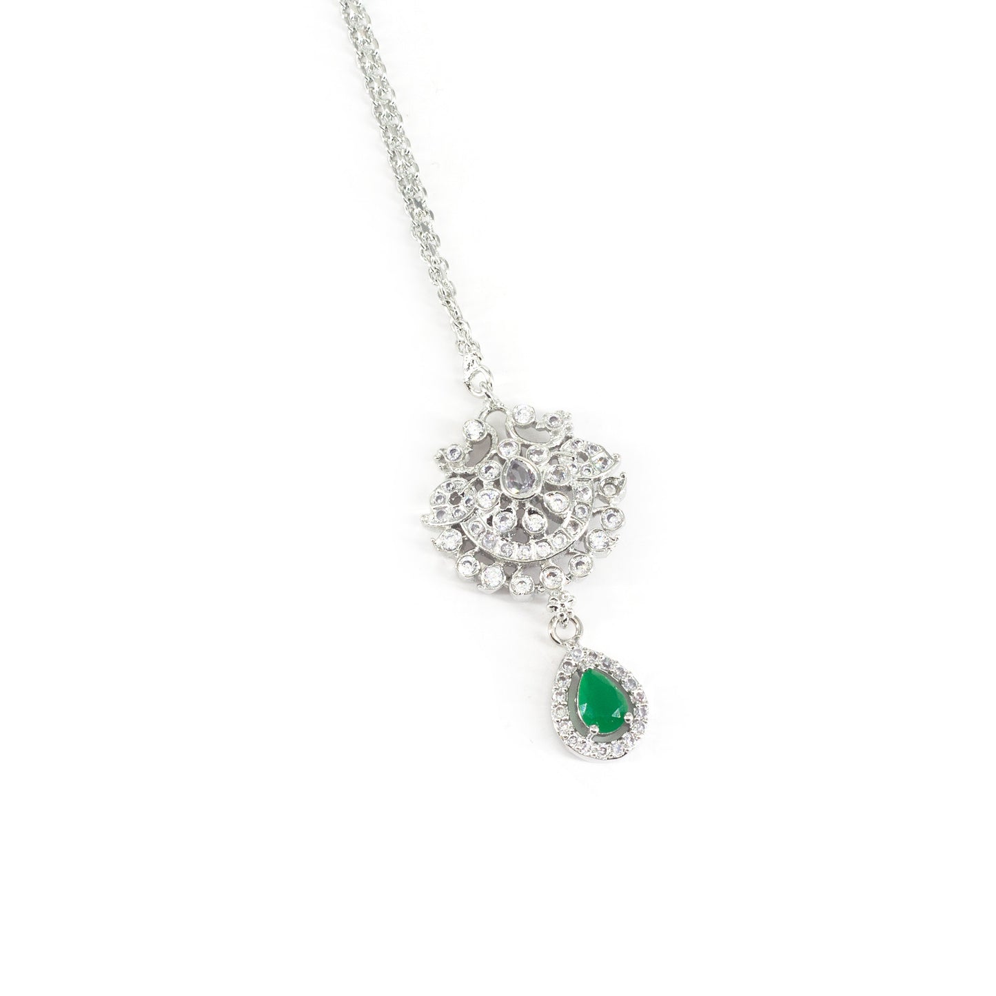 Silver Plated Green AD Maang Tikka for Women