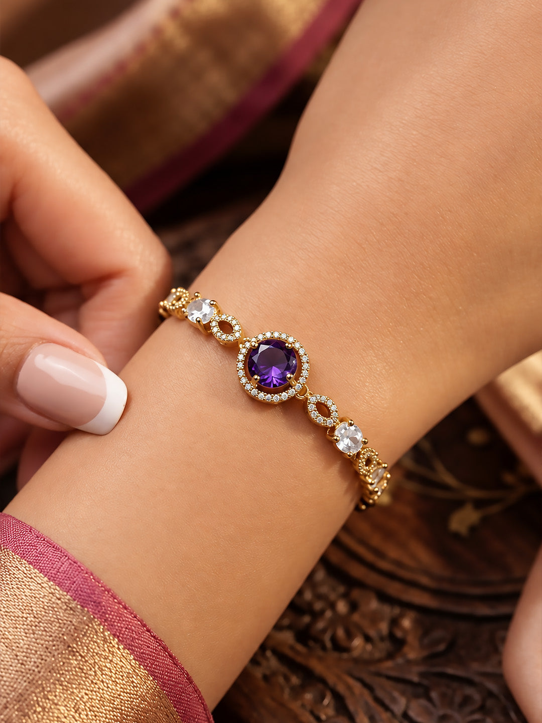 Antique Gold Plated Purple AD Adjustable Bracelet for Women
