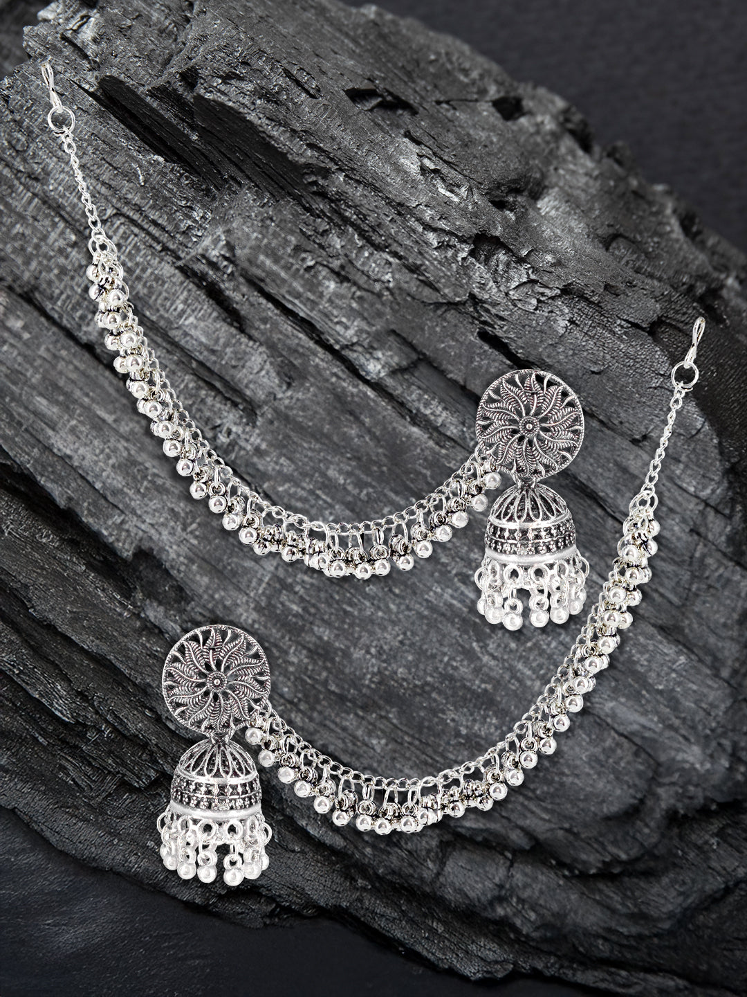Silver-Oxidised Floral Jhumka Earrings With Ear Chain