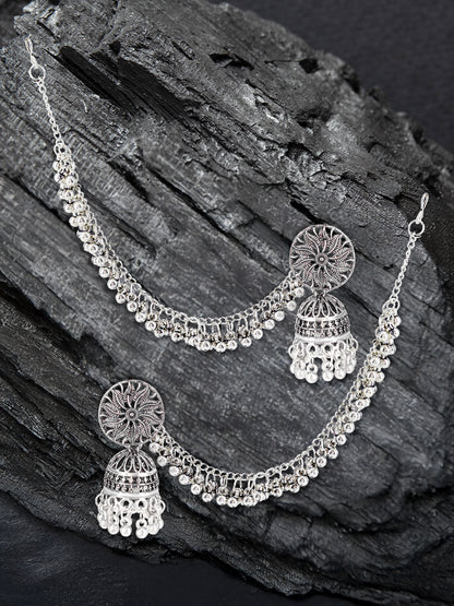 Silver-Oxidised Floral Jhumka Earrings With Ear Chain