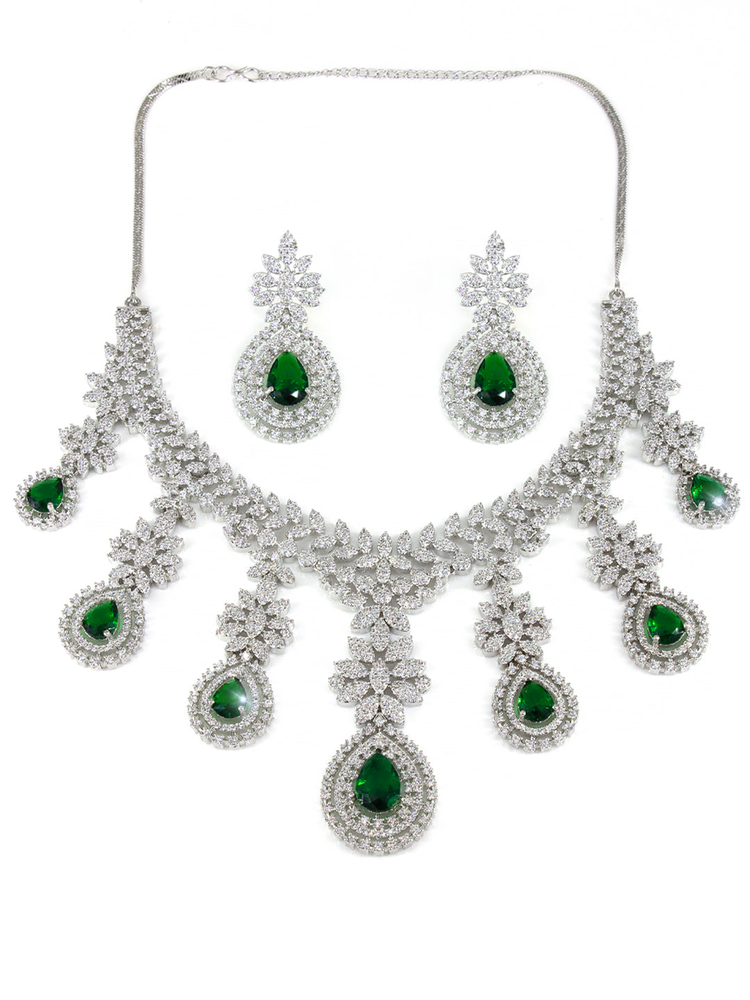 Rhodium-Plated Green Statement AD-Studded Bridal Jewellery Set
