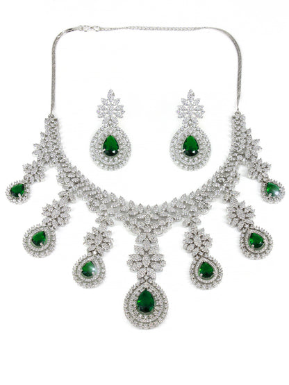 Rhodium-Plated Green Statement AD-Studded Bridal Jewellery Set