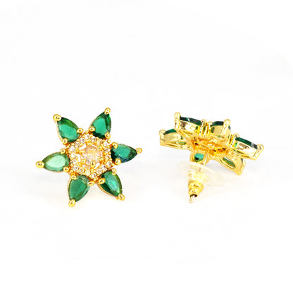 Gold Plated Green AD Floral Stud Earrings for Women