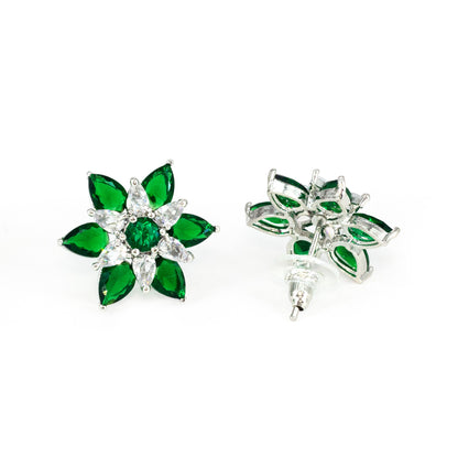 Rhodium Plated Green AD Floral Stud Earrings for Women
