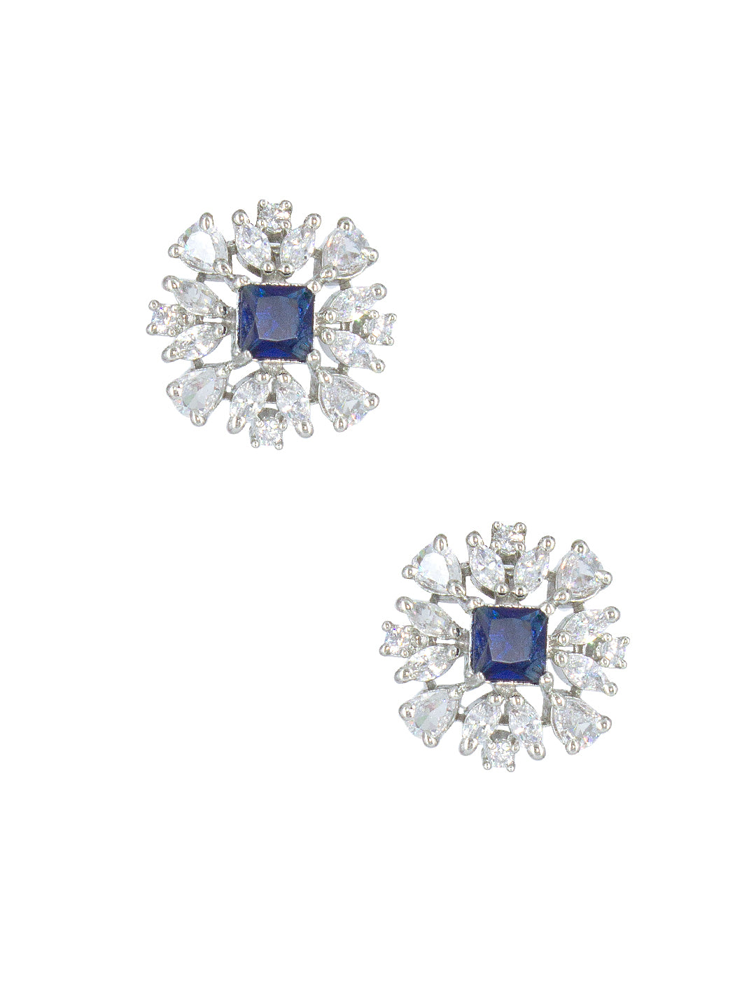 Silver Plated Blue AD Floral Stud Earrings For Women