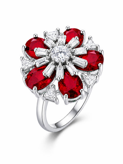 Rhodium Plated Red AD Floral Finger Ring for Women