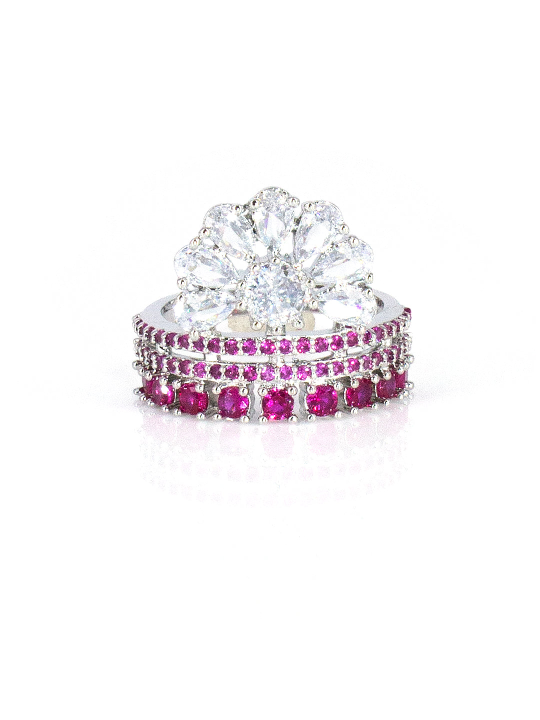 Silver-Plated American-Diamond Designer Floral Adjustable Finger Ring