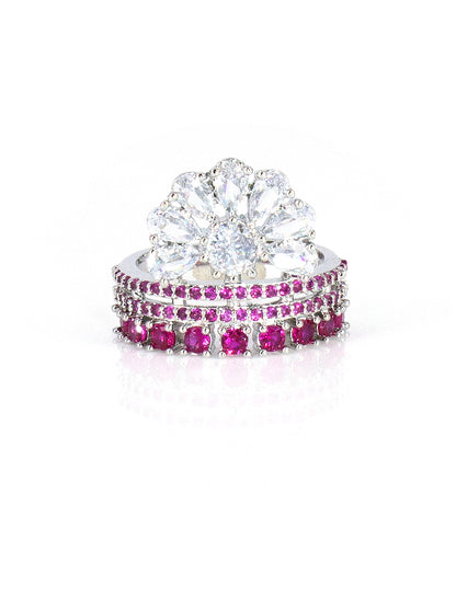 Silver-Plated American-Diamond Designer Floral Adjustable Finger Ring