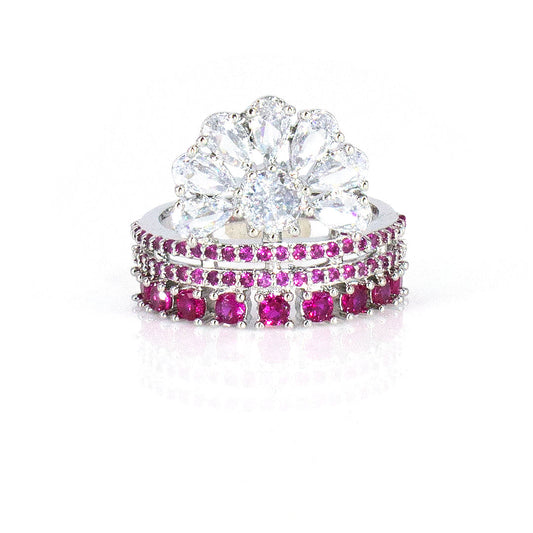 Silver Pink Stone Premium AD Ring – Dual-Layer with White Cluster Top