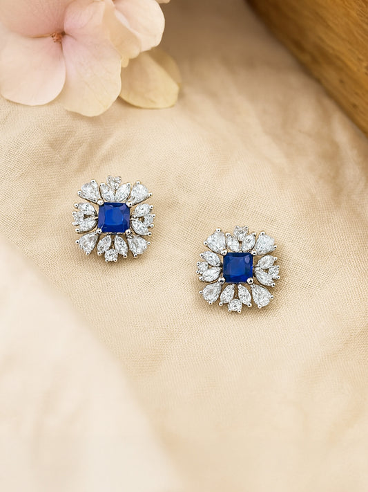 Silver Plated Blue AD Floral Stud Earrings For Women